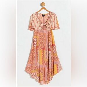 Angie NEW Dress Boho Orange Patchwork Paisley Short Sleeve Size S Keyhole